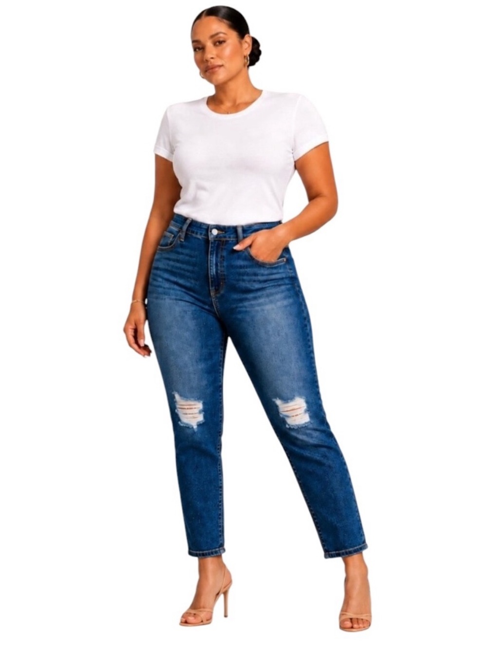 Good American Good Classic Indigo High Rise Distressed Straight Crop Jean